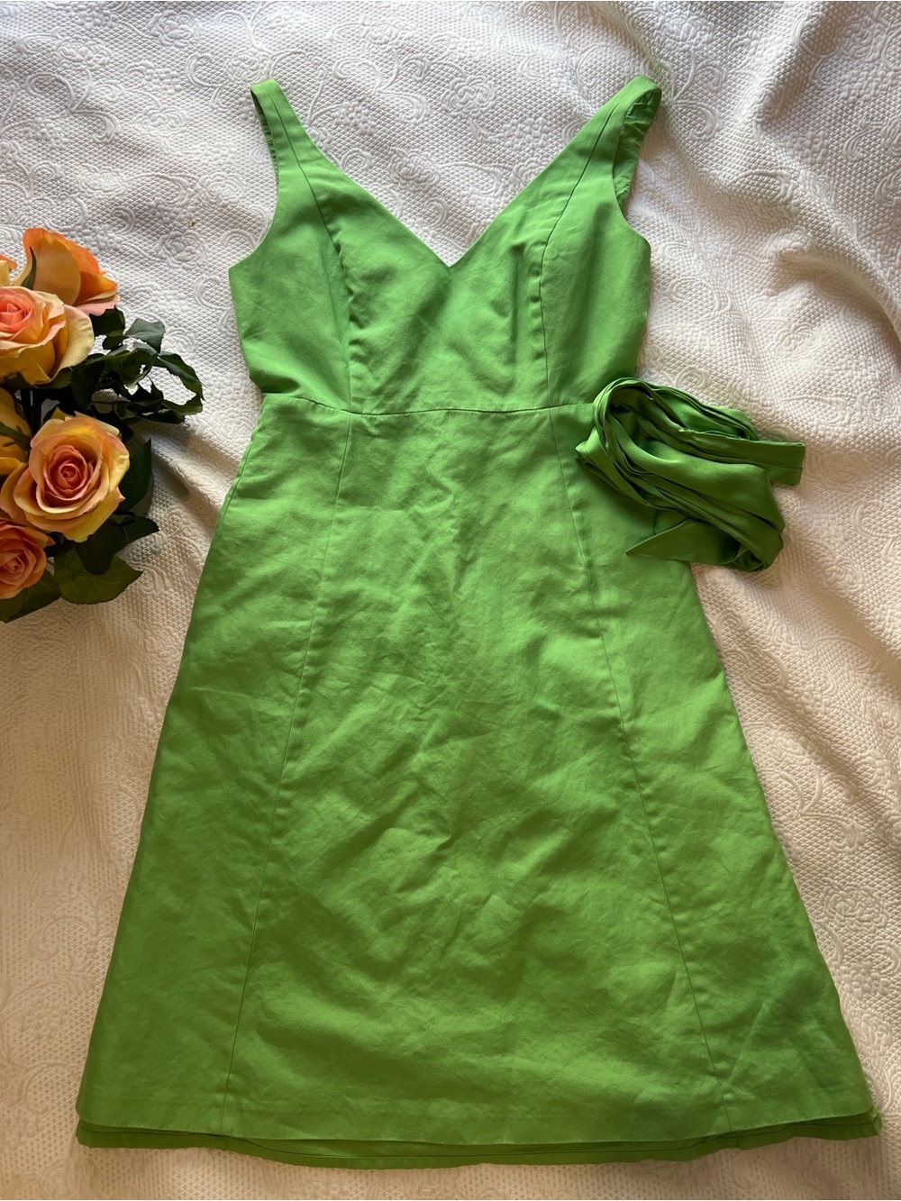 J. Crew Lime Green V-Neck Midi Dress with Sash
